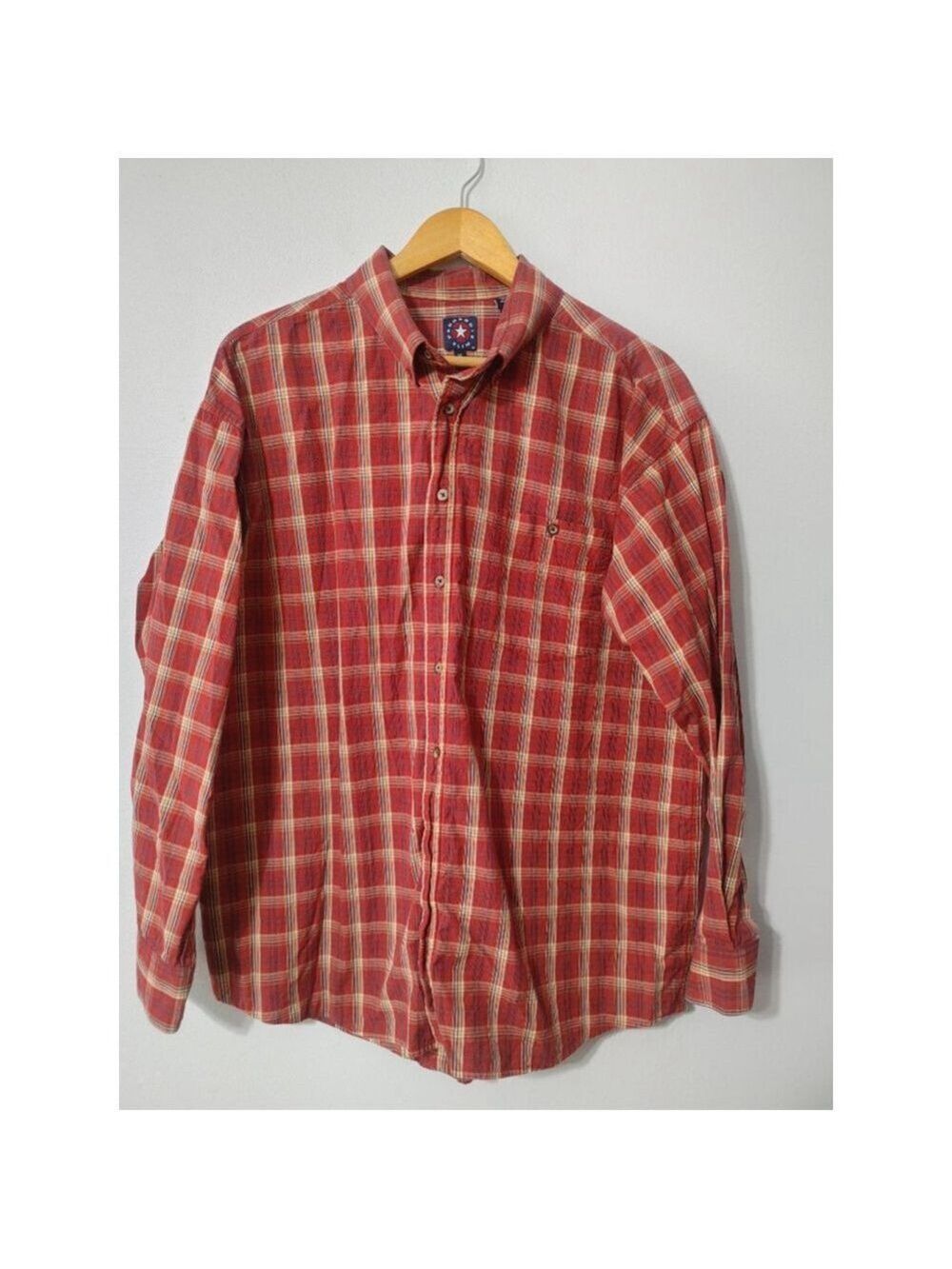 Men's Panhandle Slim Red Beige Plaid Casual Button Down Shirt XL